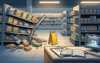 Toppled store shelving and scattered boxes sit beside a safety barrier, clipboard, tools, and security monitor.