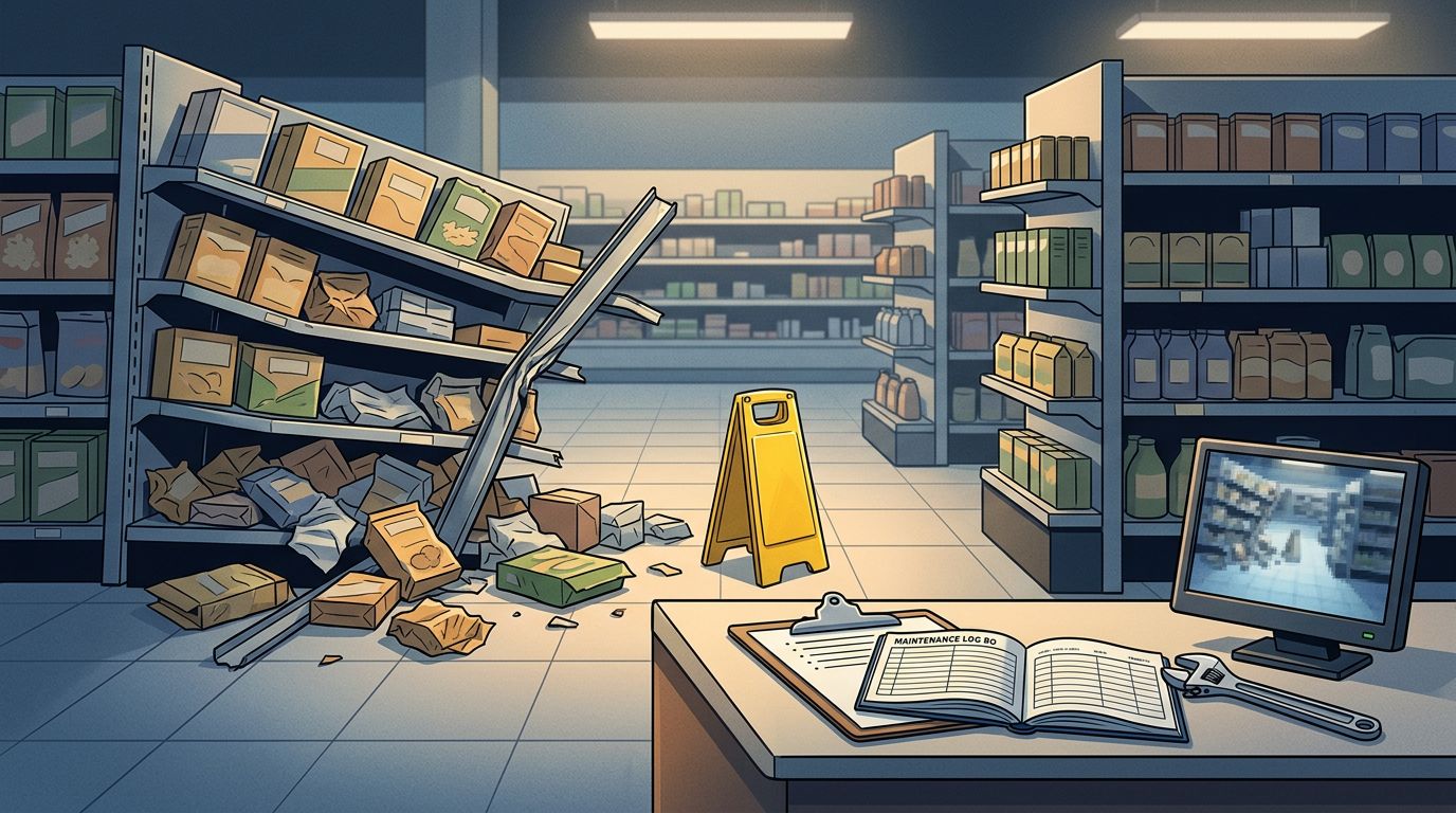 Toppled store shelving and scattered boxes sit beside a safety barrier, clipboard, tools, and security monitor.