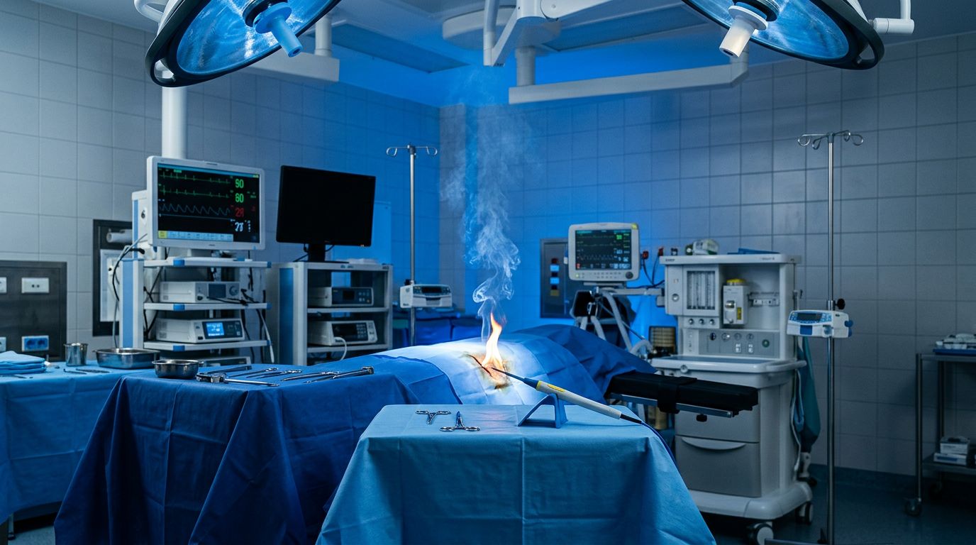 A contained flame burns beside sterile drapes in a modern operating room.