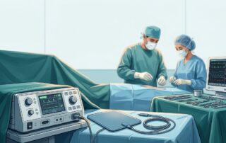 Electrosurgical equipment and drapes in an operating room with medical staff in the background.
