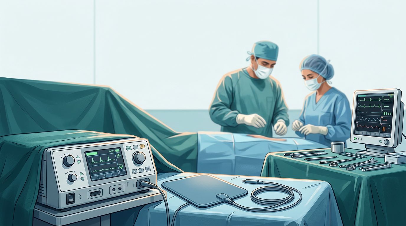 Electrosurgical equipment and drapes in an operating room with medical staff in the background.