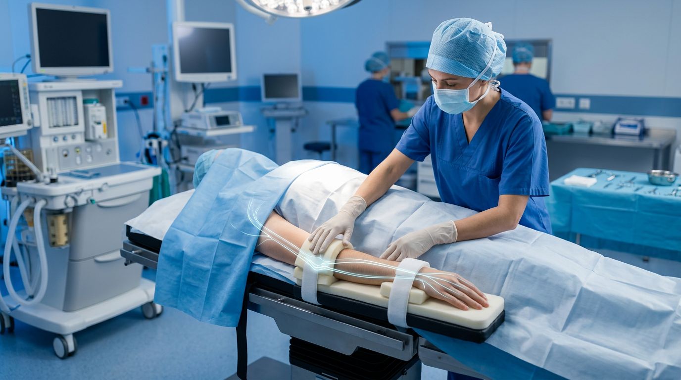 Clinician checks padded arm supports beside a draped patient in an operating room.
