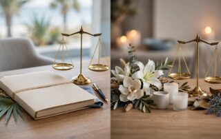 Split-screen display of estate documents and memorial flowers representing two Florida legal claims.
