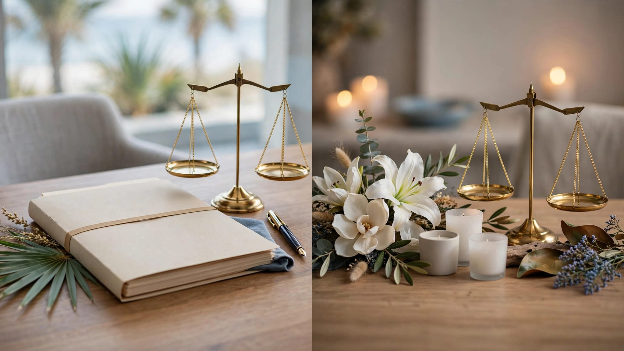 Split-screen display of estate documents and memorial flowers representing two Florida legal claims.