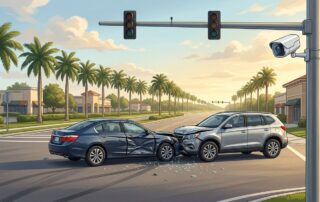 Two damaged cars sit beneath traffic lights near a roadside security camera.