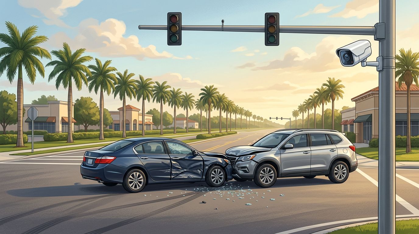 Two damaged cars sit beneath traffic lights near a roadside security camera.