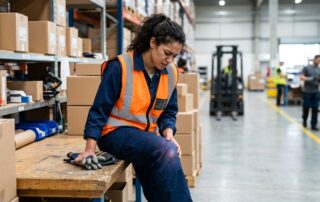 Warehouse worker in a safety vest holding a swollen knee beside stacked boxes.