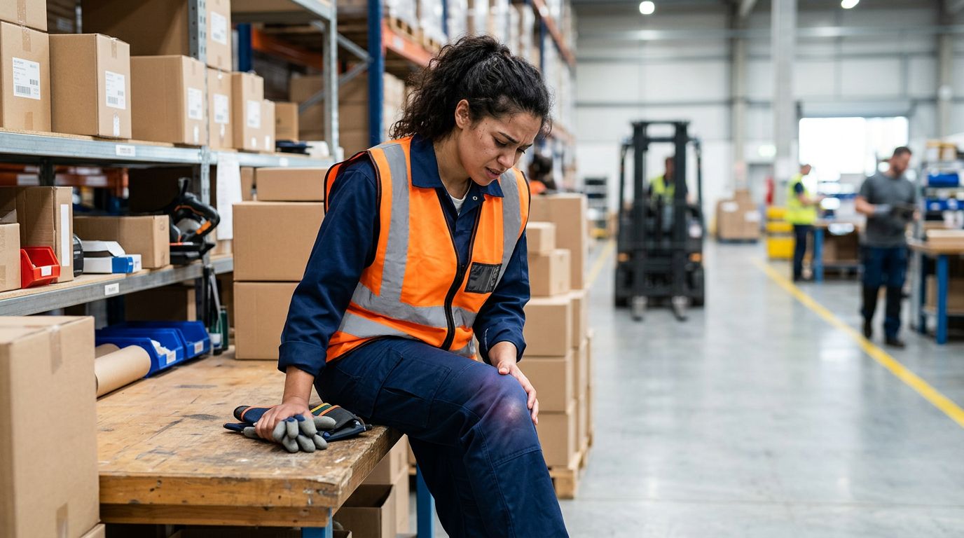 Warehouse worker in a safety vest holding a swollen knee beside stacked boxes.