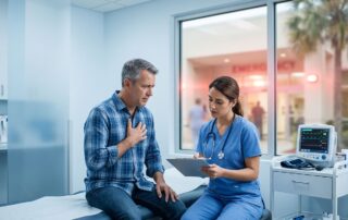 Patient sits in an urgent care room as a clinician reviews medical notes.
