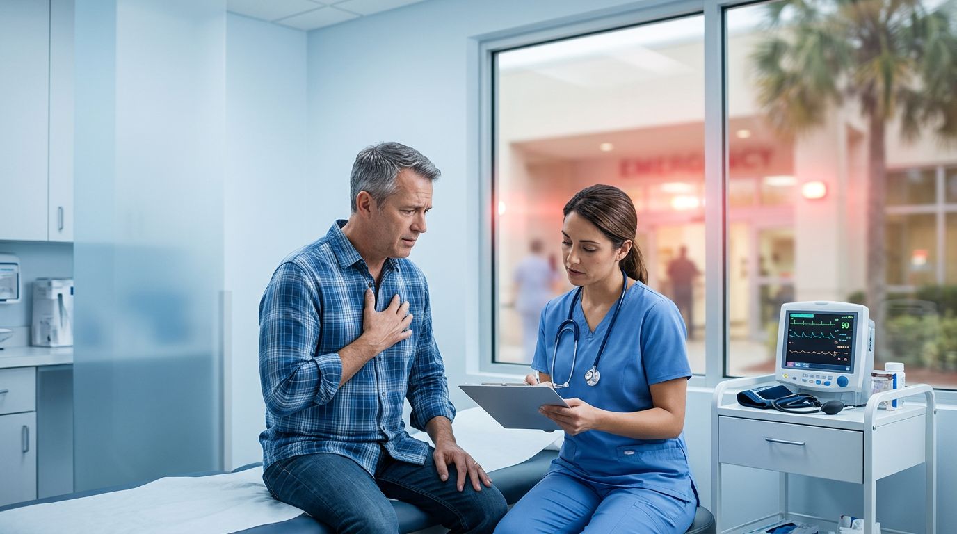 Patient sits in an urgent care room as a clinician reviews medical notes.