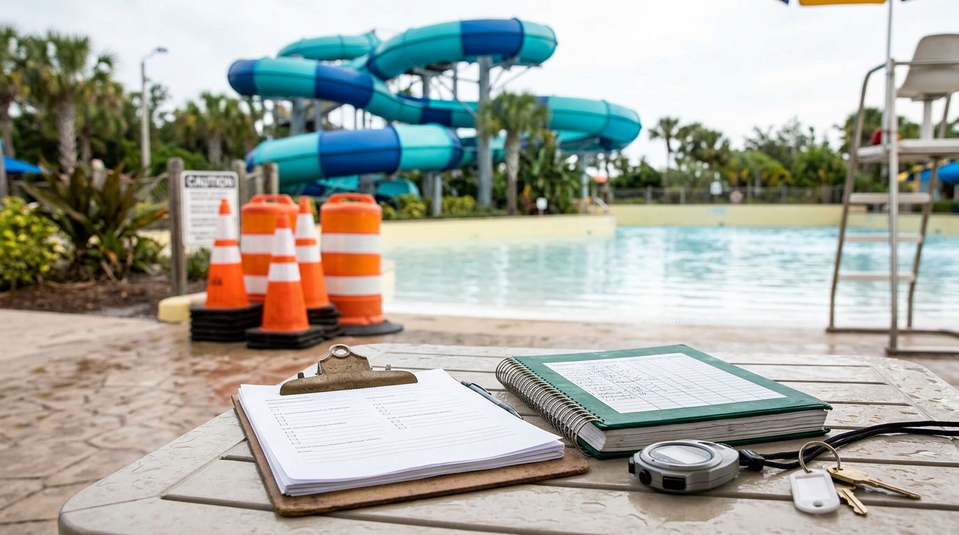 A clipboard and maintenance records sit on a wet table near a waterslide.