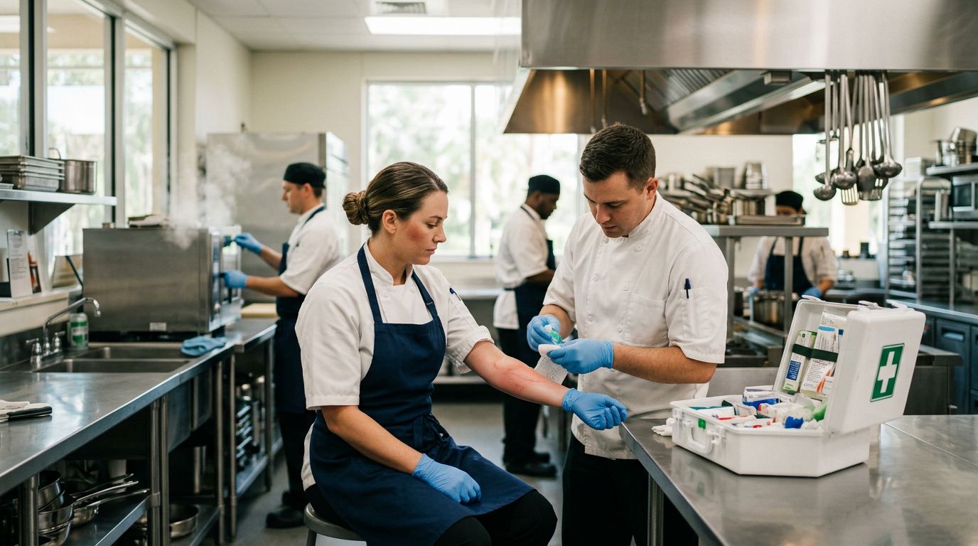 A kitchen worker receives first aid for a reddened forearm near steaming equipment.