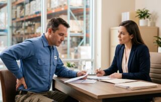 A warehouse worker reviews injury records with a workers’ compensation attorney.