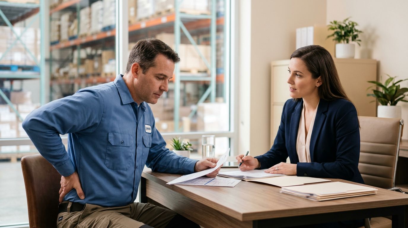 A warehouse worker reviews injury records with a workers’ compensation attorney.