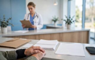 Patient documents and a phone sit on a clinic check-in counter.
