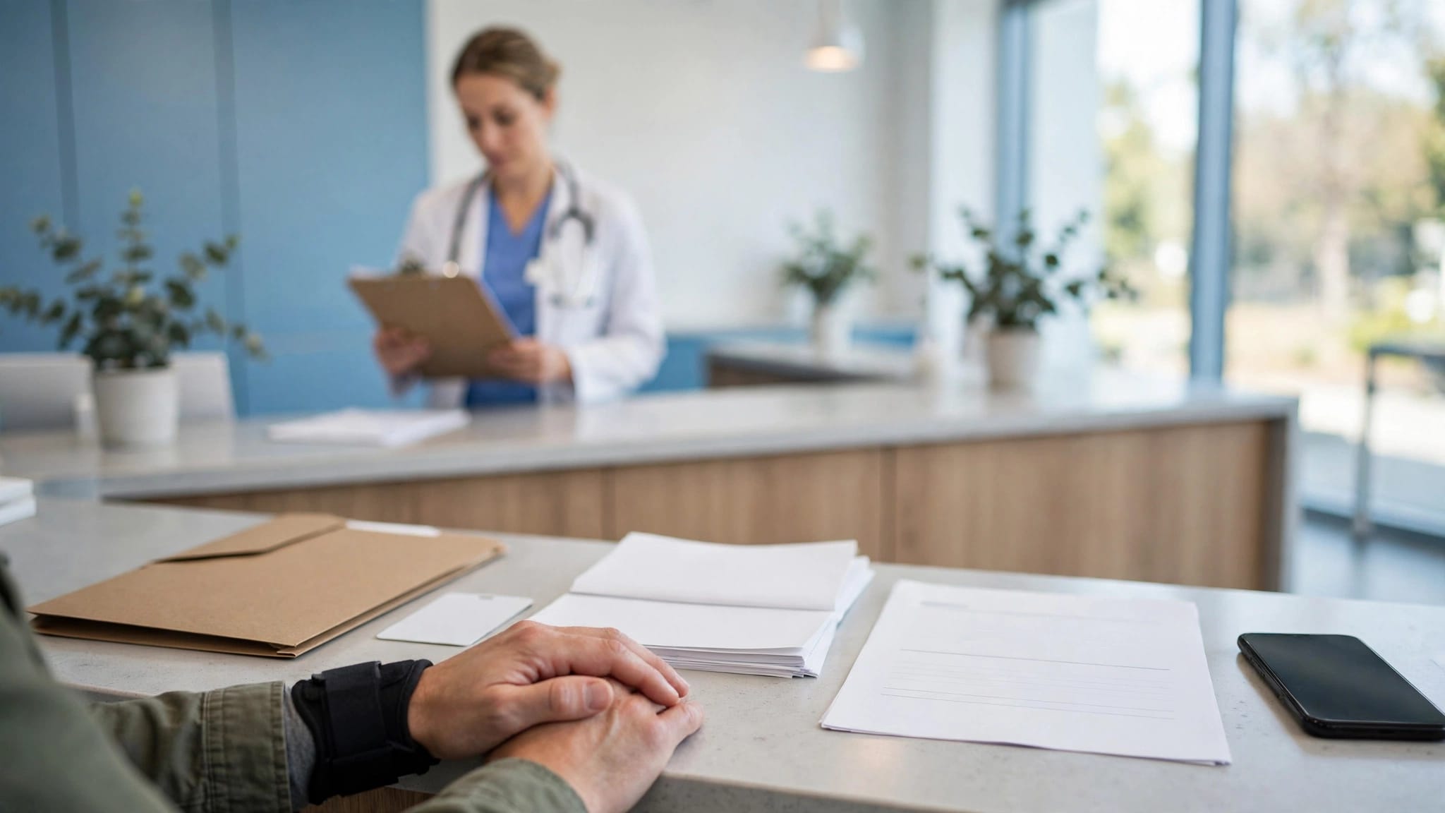 Patient documents and a phone sit on a clinic check-in counter.