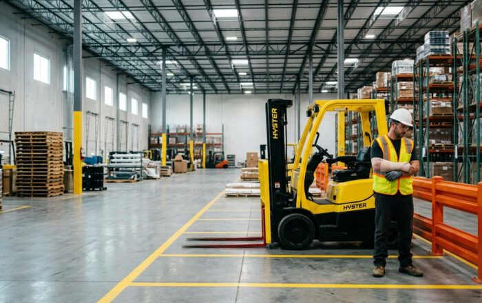 A warehouse worker holds an injured arm beside a yellow forklift and safety barriers.