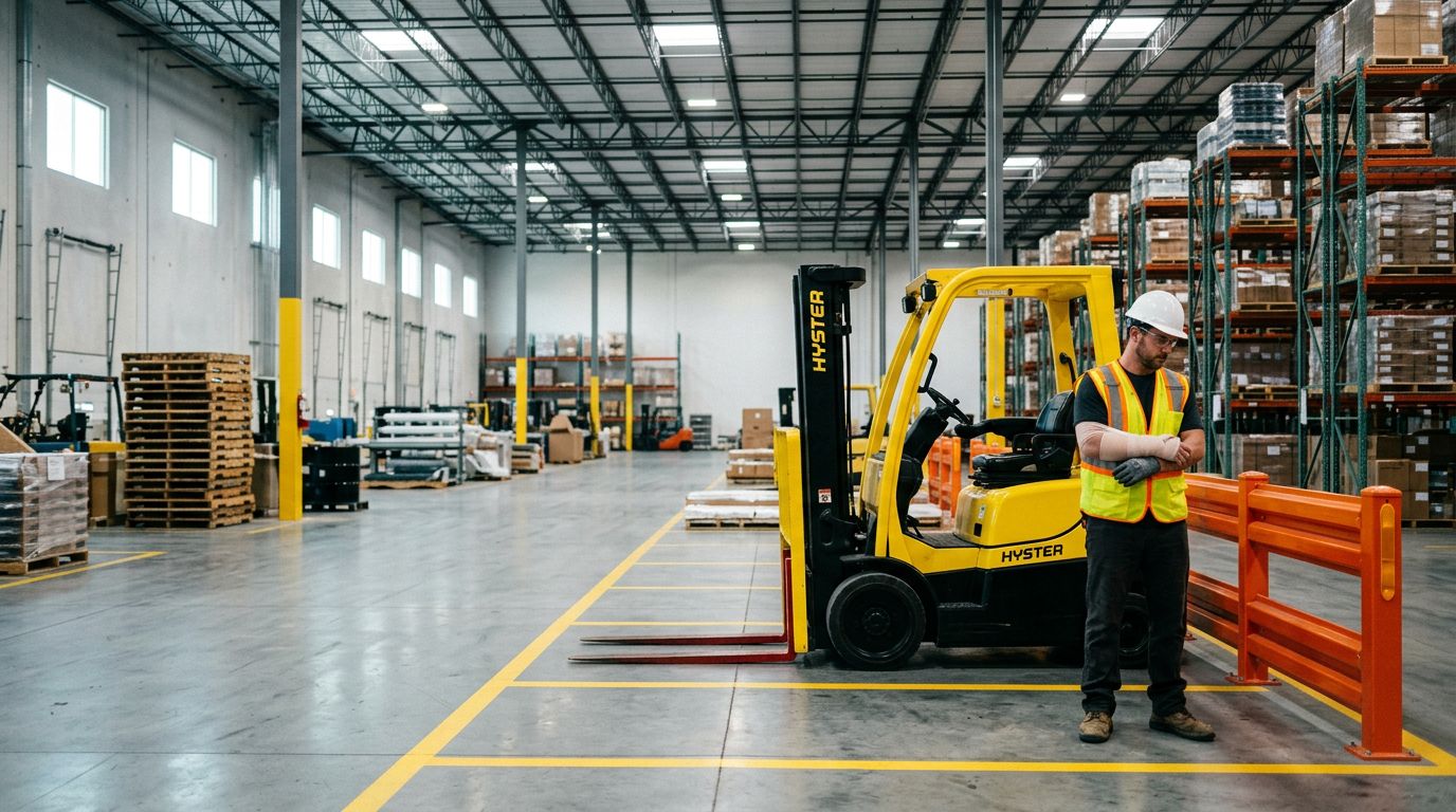 A warehouse worker holds an injured arm beside a yellow forklift and safety barriers.