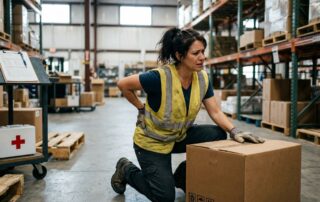 Warehouse worker holding their lower back beside a cardboard box.