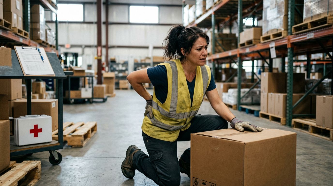 Warehouse worker holding their lower back beside a cardboard box.