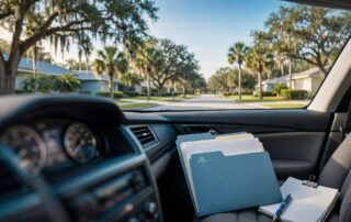 A mileage log and medical folder on a car seat beside a Florida suburban road.