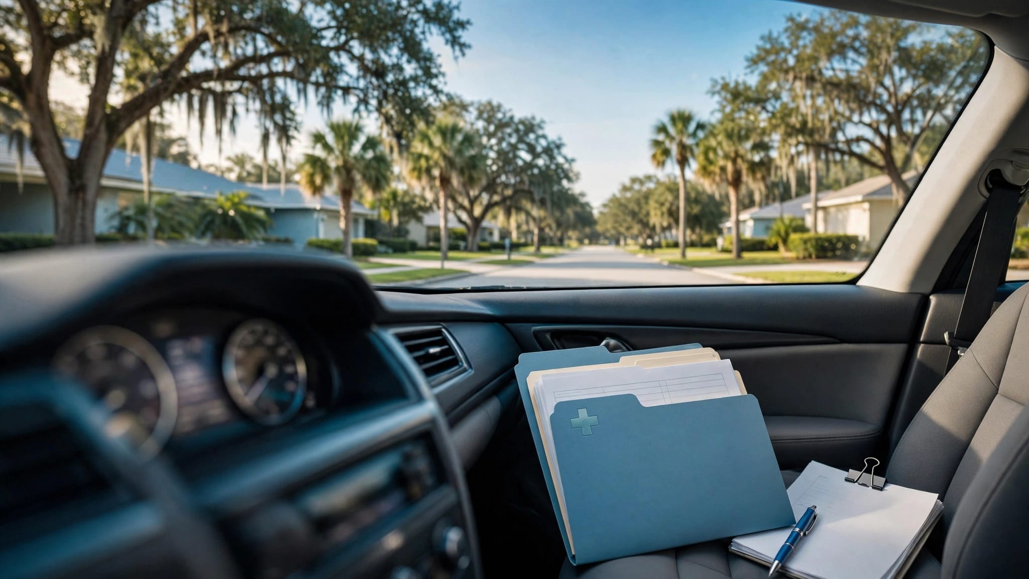 A mileage log and medical folder on a car seat beside a Florida suburban road.