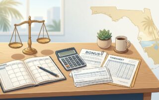 Desk with pay stubs, timesheets, bonus papers, calculator, calendar, Florida map, and justice scales.