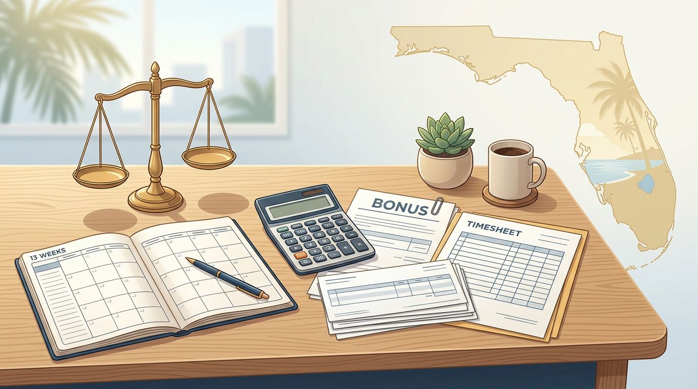 Desk with pay stubs, timesheets, bonus papers, calculator, calendar, Florida map, and justice scales.