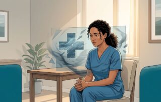 Healthcare worker in scrubs sits tensely in a clinic with a fractured medical cross overlay.