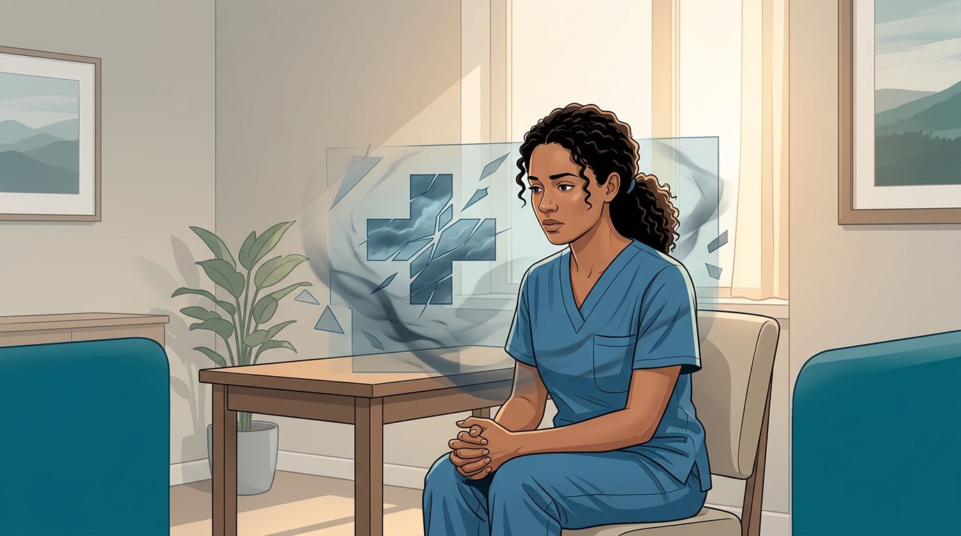 Healthcare worker in scrubs sits tensely in a clinic with a fractured medical cross overlay.
