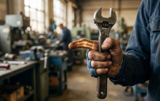 Worker gripping a worn tool with a slightly bent index finger highlighted.