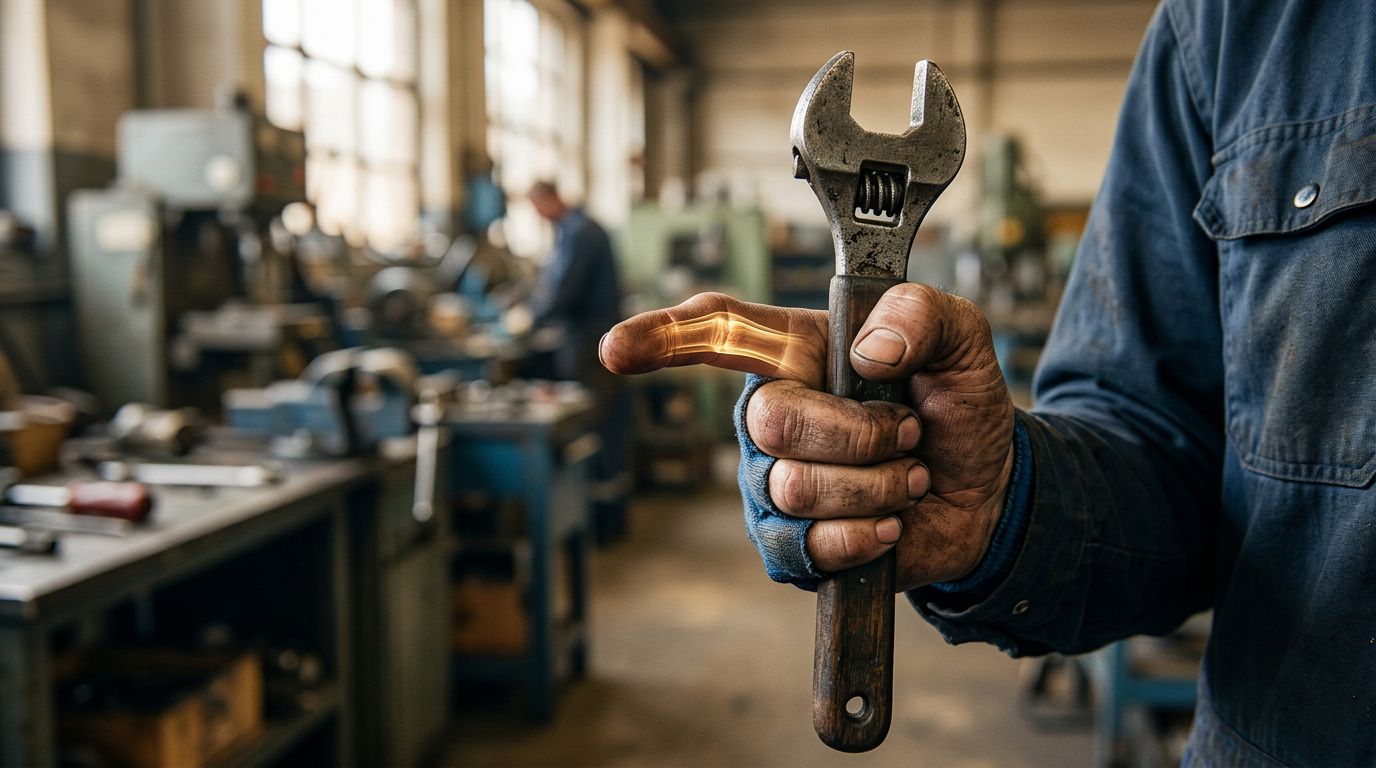 Worker gripping a worn tool with a slightly bent index finger highlighted.