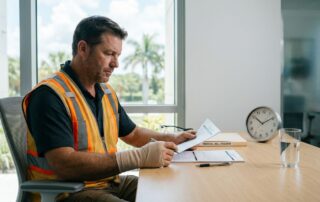 Injured construction worker reviewing compensation forms beside medical bills and a clock.