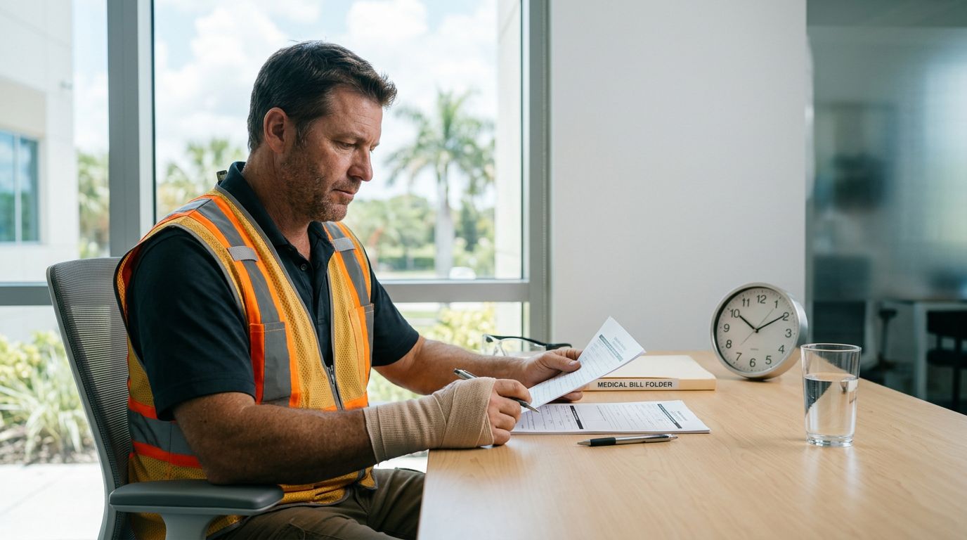 Injured construction worker reviewing compensation forms beside medical bills and a clock.