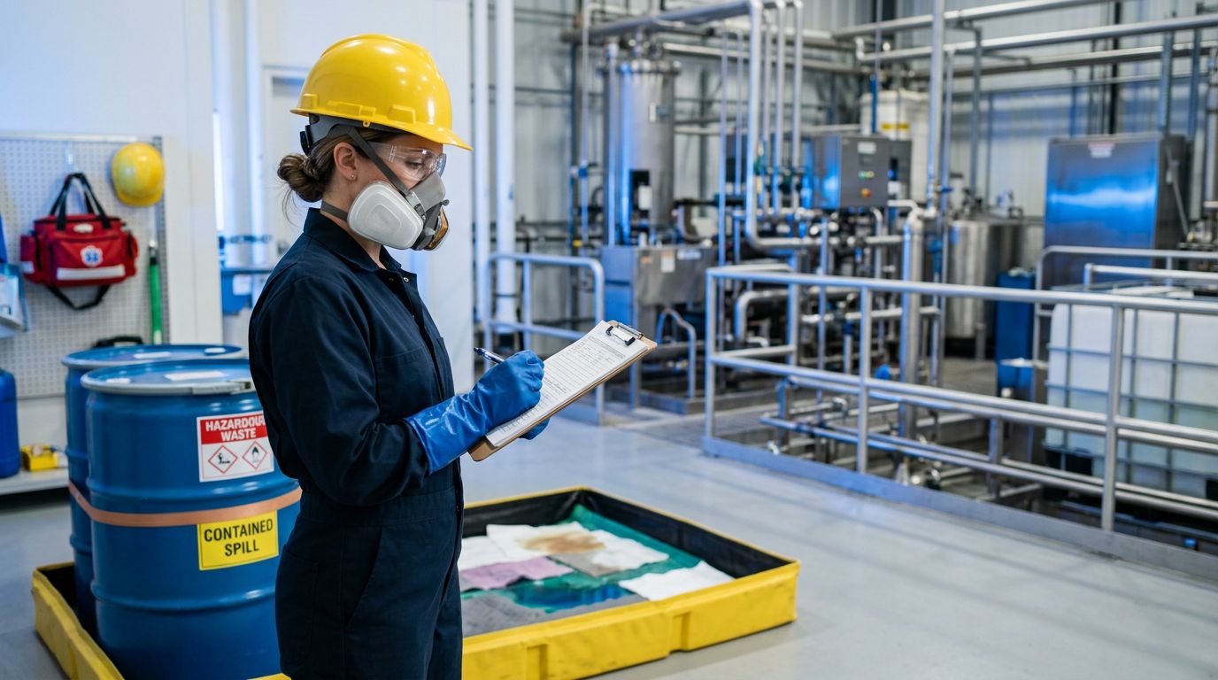 Worker in protective gear beside a sealed chemical container and contained spill area.
