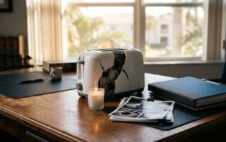 A cracked appliance, legal documents, evidence photos, and a memorial candle on a desk.