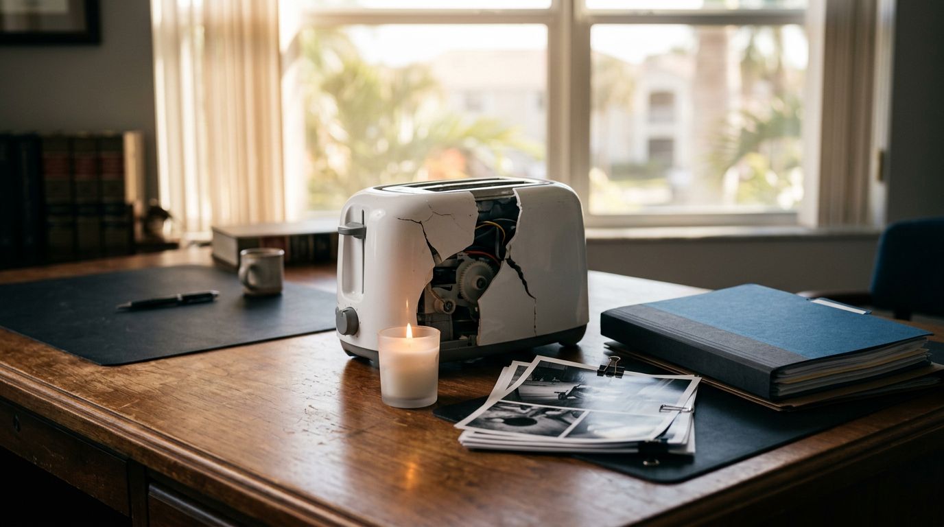 A cracked appliance, legal documents, evidence photos, and a memorial candle on a desk.