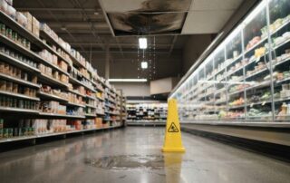 Water drips from a grocery store ceiling near a caution cone and puddle.