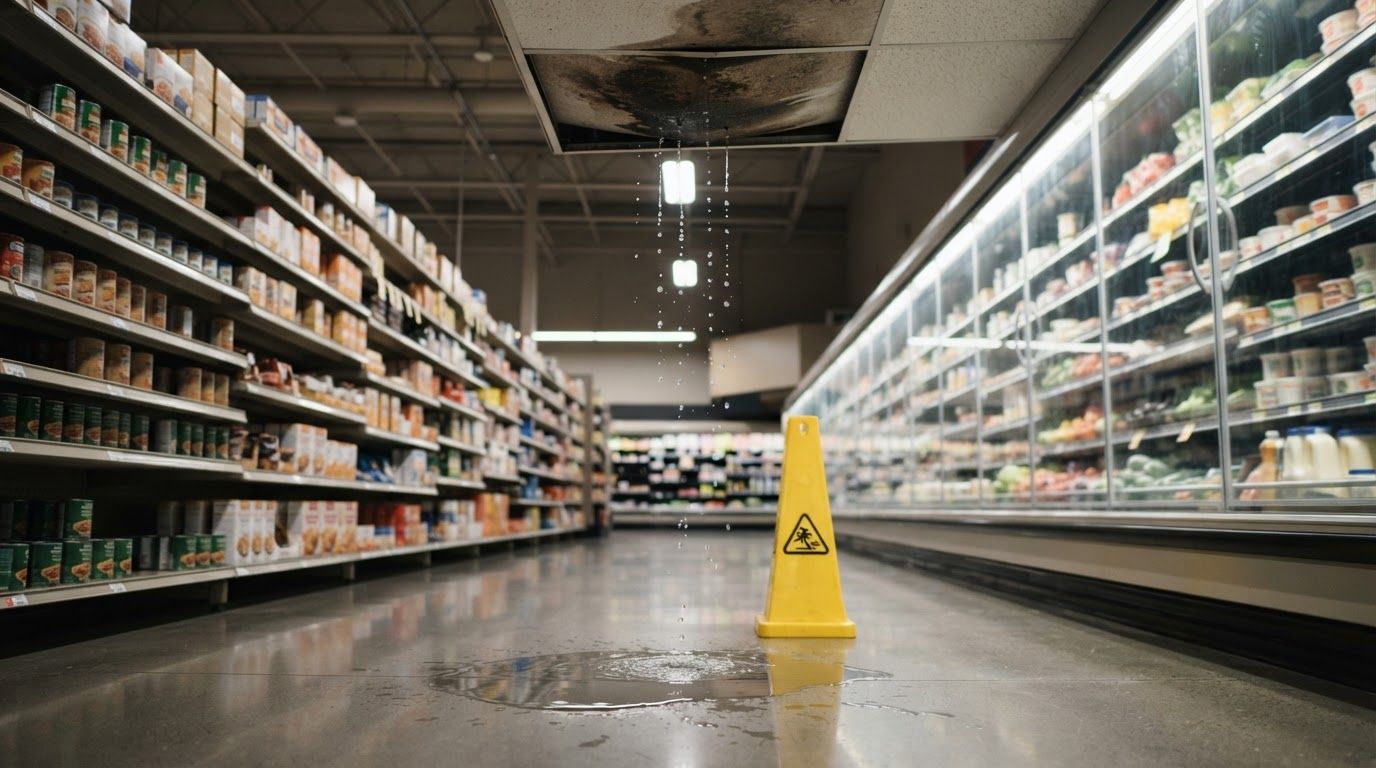 Water drips from a grocery store ceiling near a caution cone and puddle.