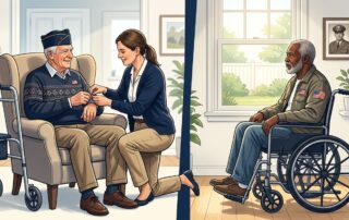 Split image showing a veteran receiving care and another alone in a wheelchair at home.