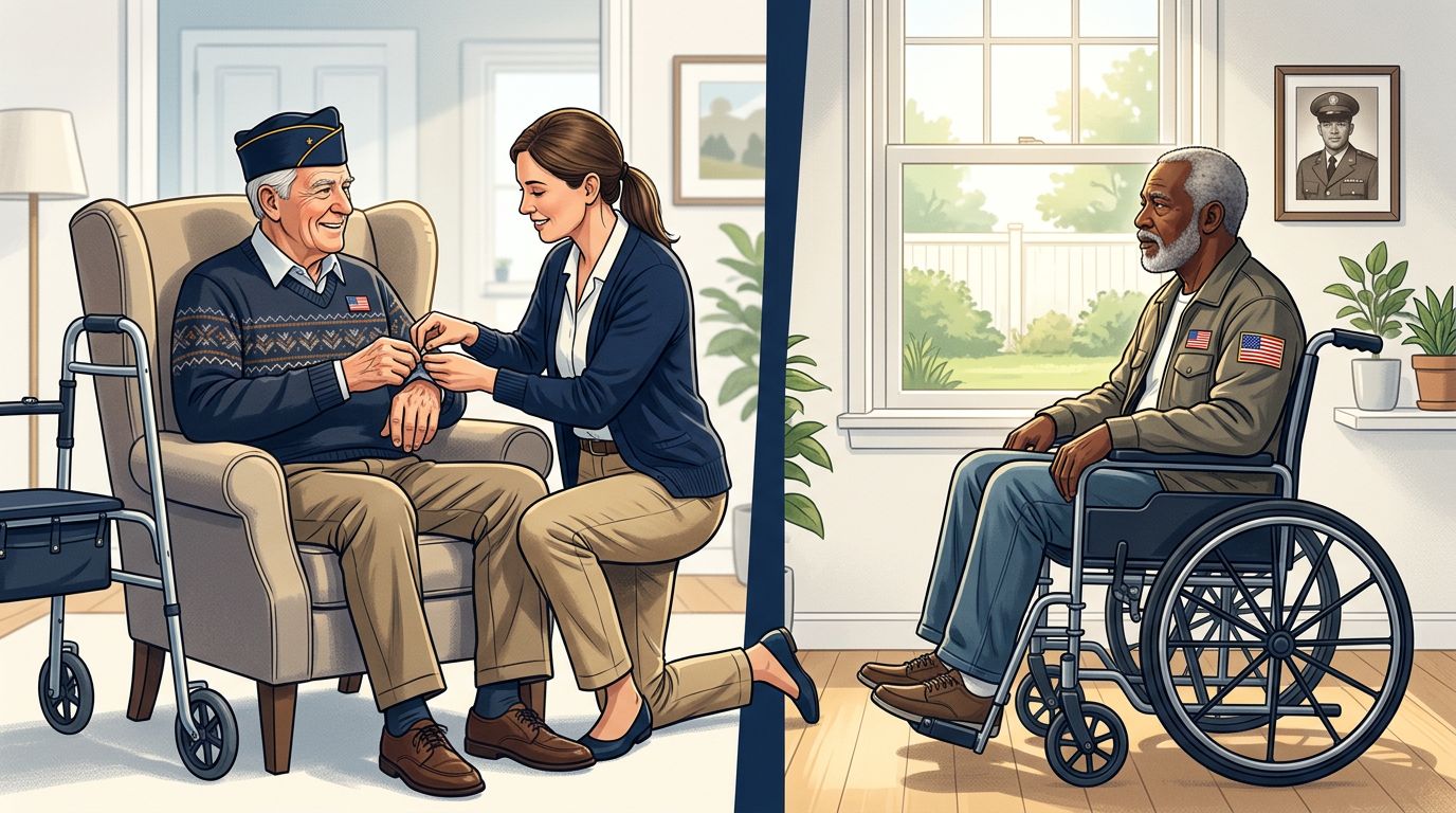 Split image showing a veteran receiving care and another alone in a wheelchair at home.