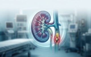 Illustration of a kidney stone blocking the ureter with nearby inflammation.