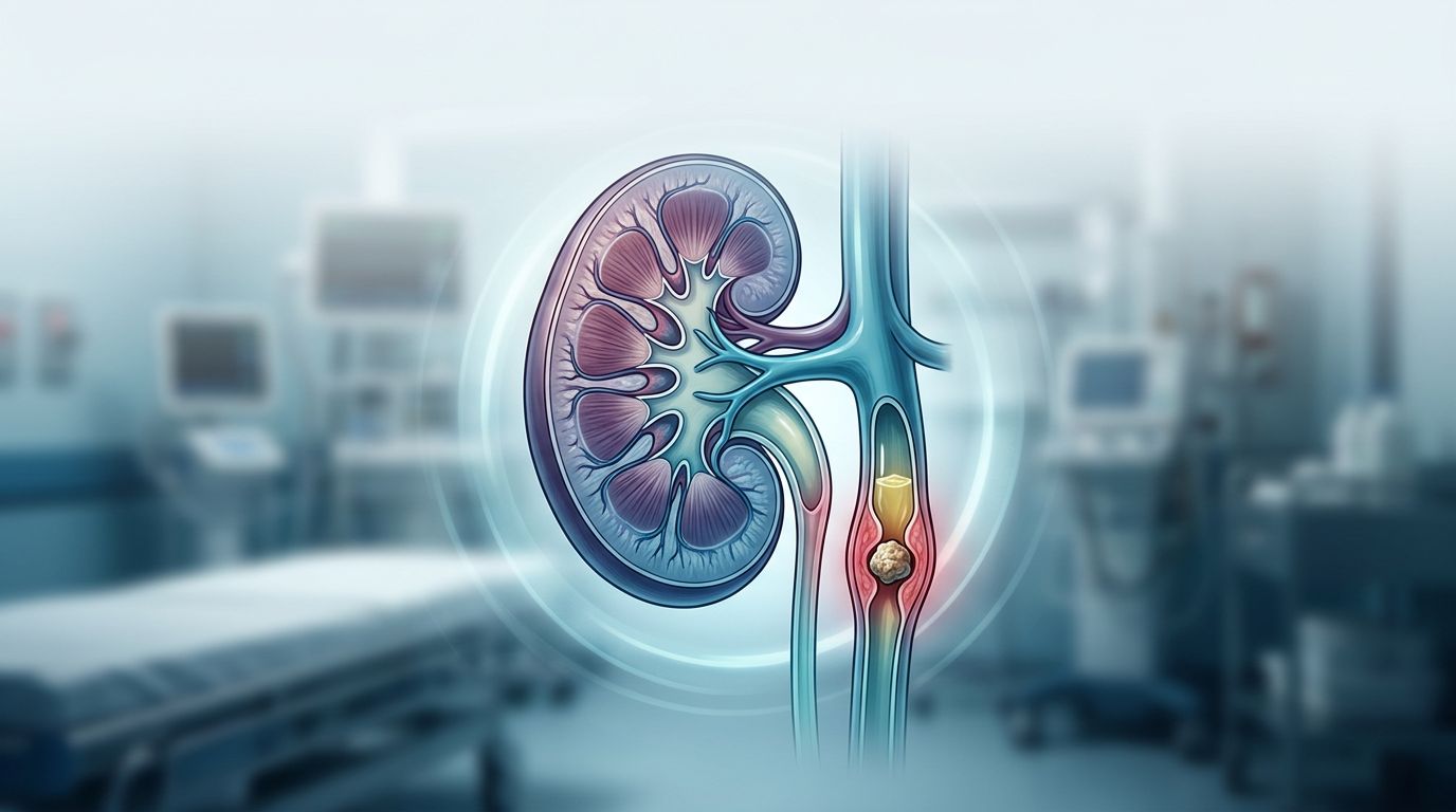 Illustration of a kidney stone blocking the ureter with nearby inflammation.