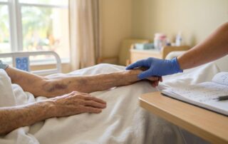 An elderly resident’s bruised forearm rests beside a gloved caregiver hand and open chart.