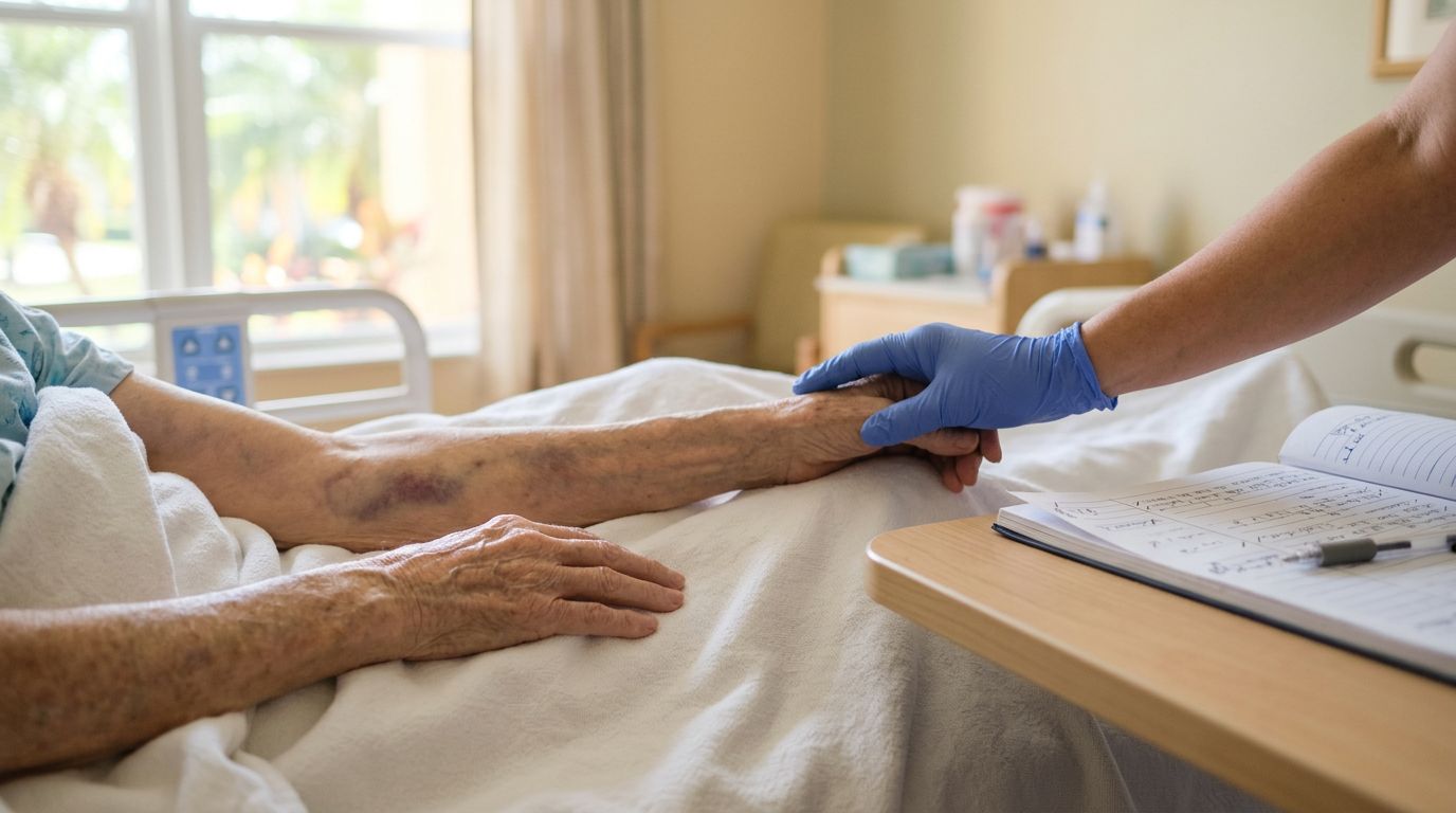 An elderly resident’s bruised forearm rests beside a gloved caregiver hand and open chart.