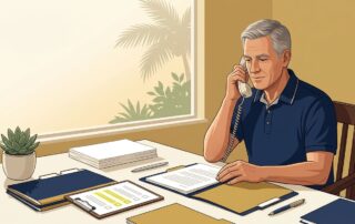 A veteran reviews claim folders during a phone consultation at a tidy desk.