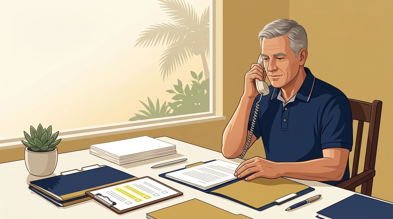 A veteran reviews claim folders during a phone consultation at a tidy desk.
