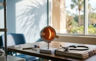An eye model illuminated beside medical records and a stethoscope on a clinic desk.