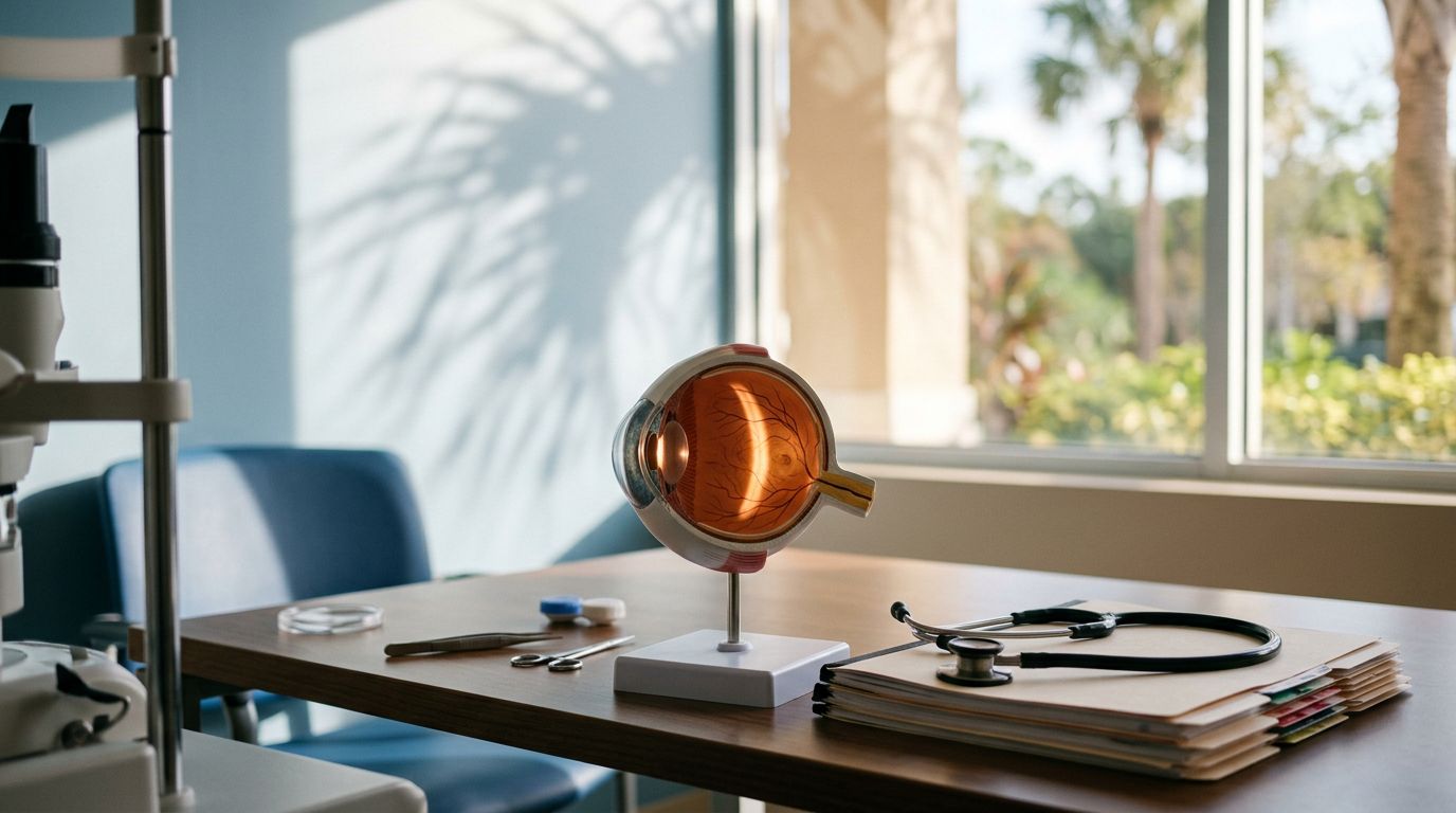 An eye model illuminated beside medical records and a stethoscope on a clinic desk.