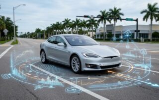 A damaged self-driving car surrounded by glowing vehicle data overlays at an intersection.